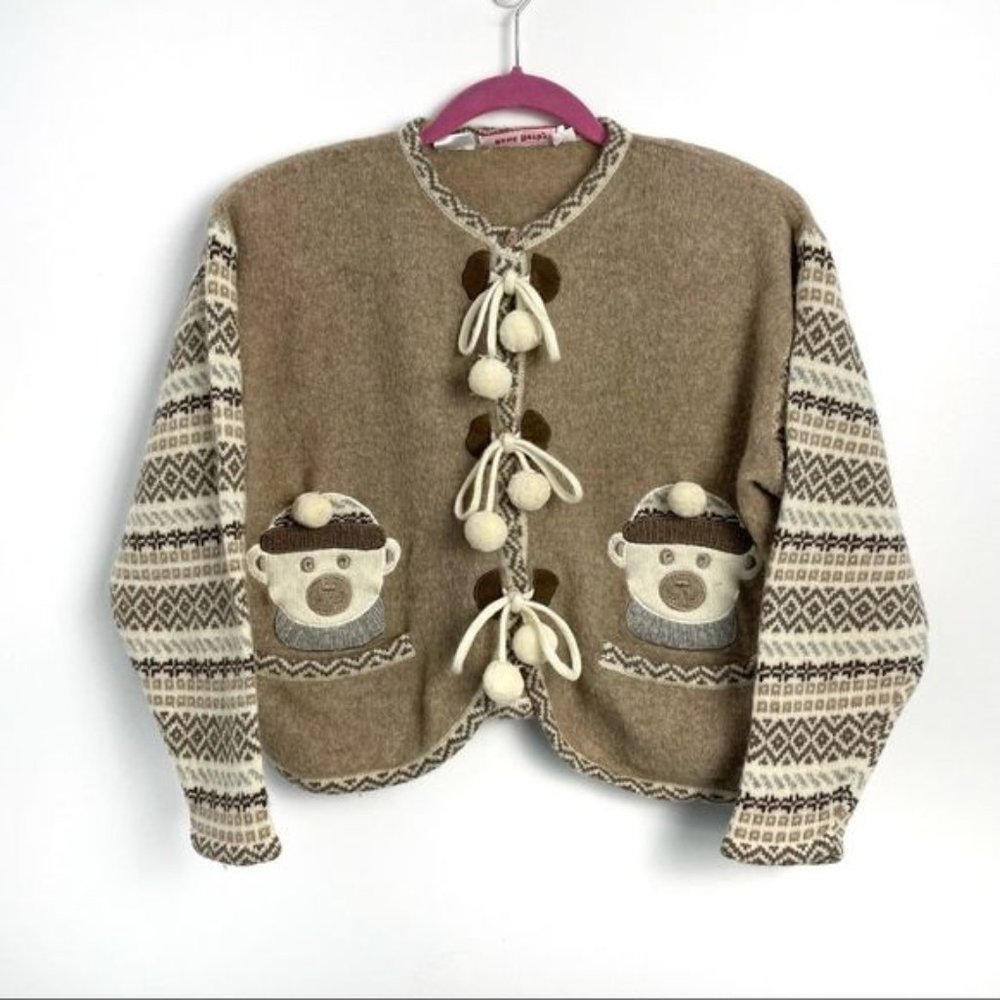 Vintage René Derhy Lambswool Embroidered Teddy Bear Cardigan Size Small